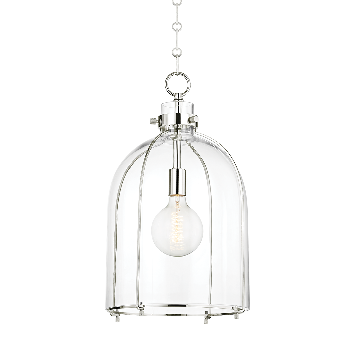 Eldridge Pendant 15.5" x 23.5" in polished nickel shown from the front to reveal the shade shape and metal detail.