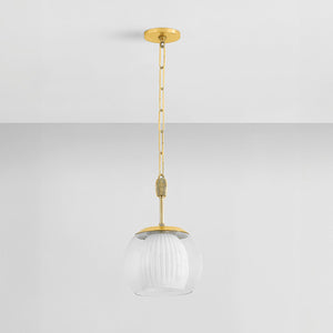 Clementon Pendant 11" in aged brass shown from the front to reveal the shade shape and metal detail.