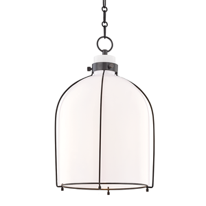 Eldridge Pendant 14" x 23.5" in Aged Brass shown from a second angle to highlight the shade shape and metal detail.