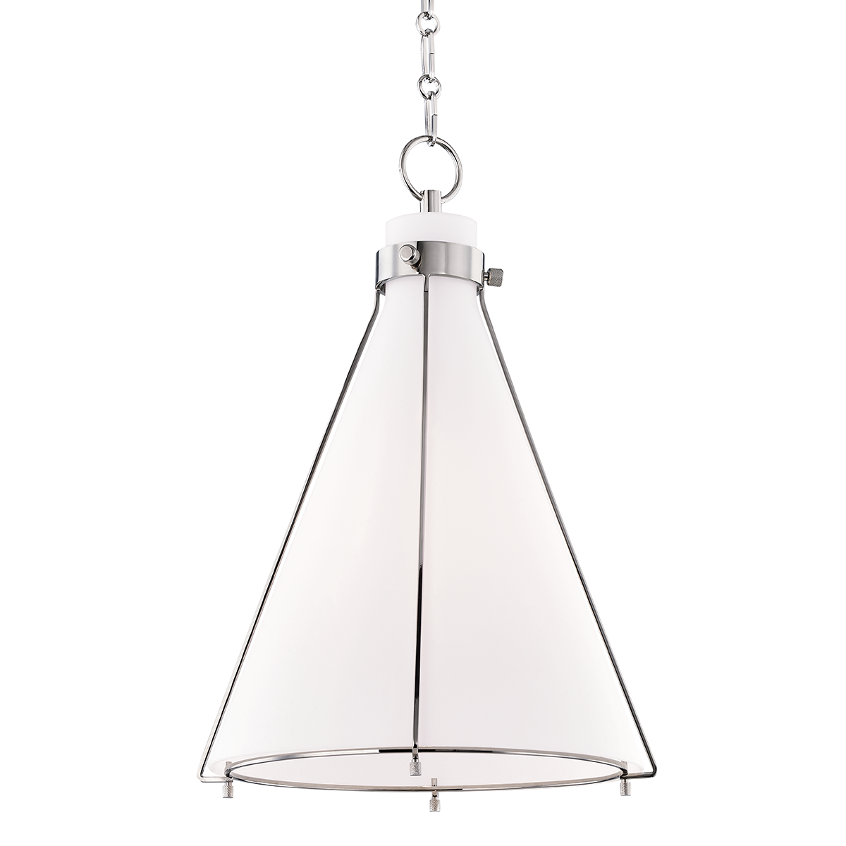 Eldridge Pendant 15.5" x 22" in polished nickel shown from the front to reveal the shade shape and metal detail.