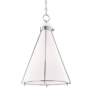 Eldridge Pendant 15.5" x 22" in polished nickel shown from the front to reveal the shade shape and metal detail.