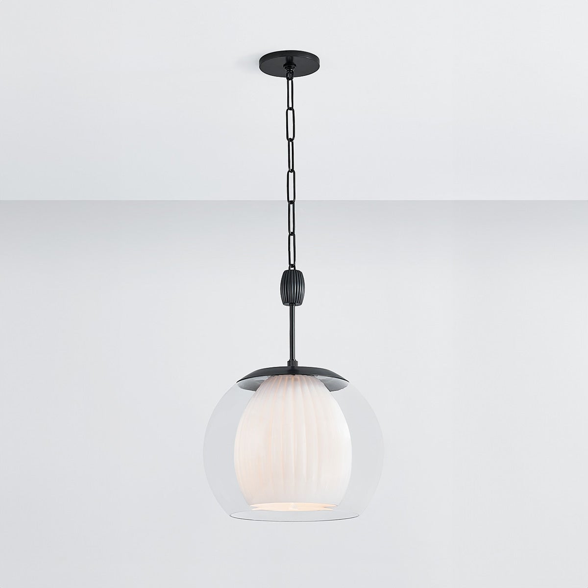 Close-up of the Clementon Pendant 17" in dark bronze showing the shade shape and metal detail.