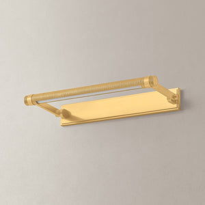 Duell Picture Light 18" in aged brass shown from the front to reveal the arm curve and shade proportion.