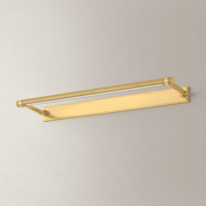 Duell Picture Light 30" in aged brass shown from the front to reveal the arm curve and shade proportion.