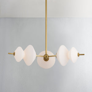 Barrow Chandelier in aged brass shown from the front to reveal the frame, arms, and shade detail.
