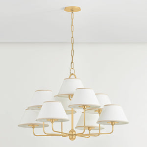 Durland Chandelier 40.5" in aged brass shown from the front to reveal the frame, arms, and shade detail.
