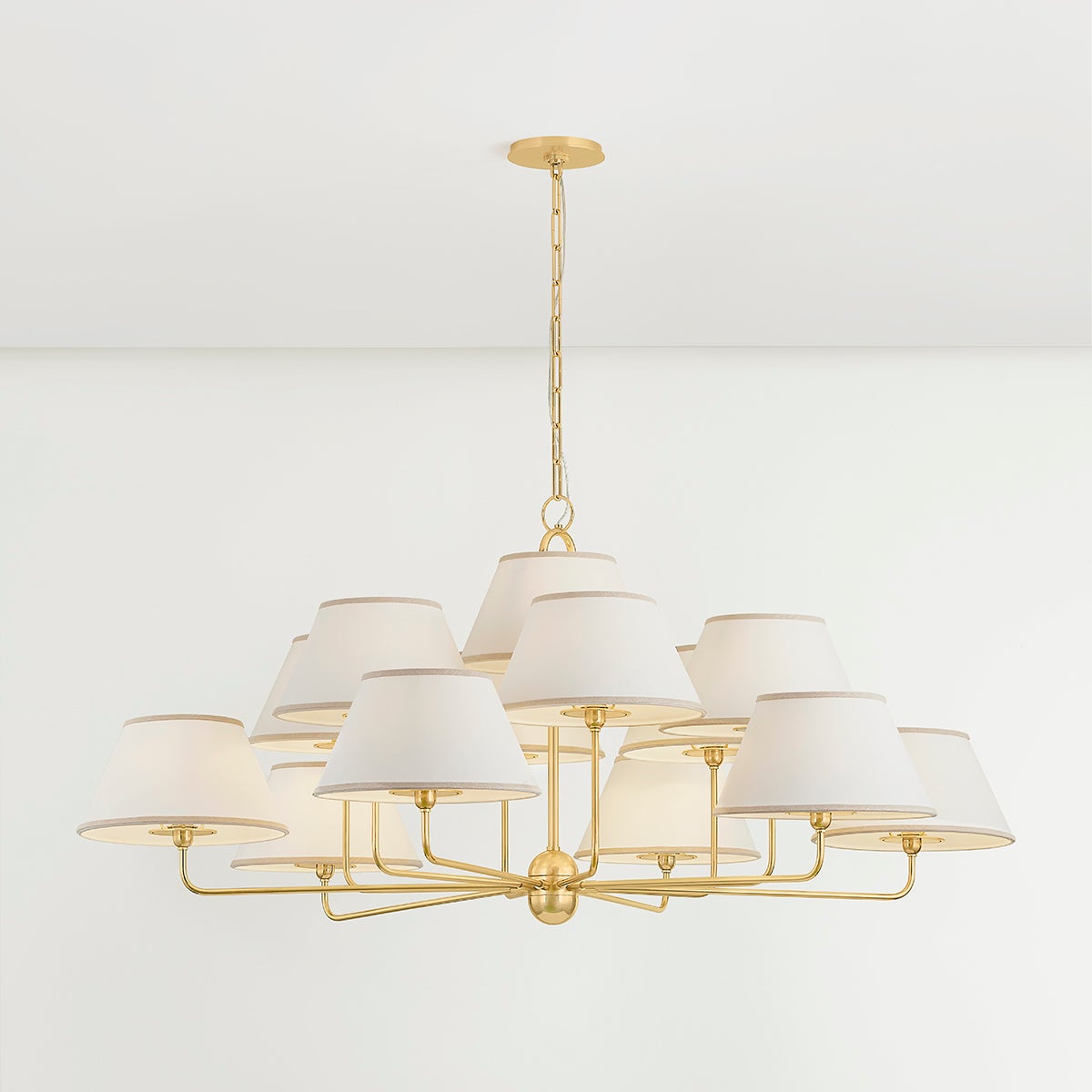 Durland Chandelier 55" in aged brass shown from the front to reveal the frame, arms, and shade detail.