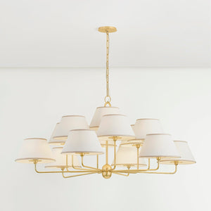 Durland Chandelier 55" in aged brass shown from the front to reveal the frame, arms, and shade detail.