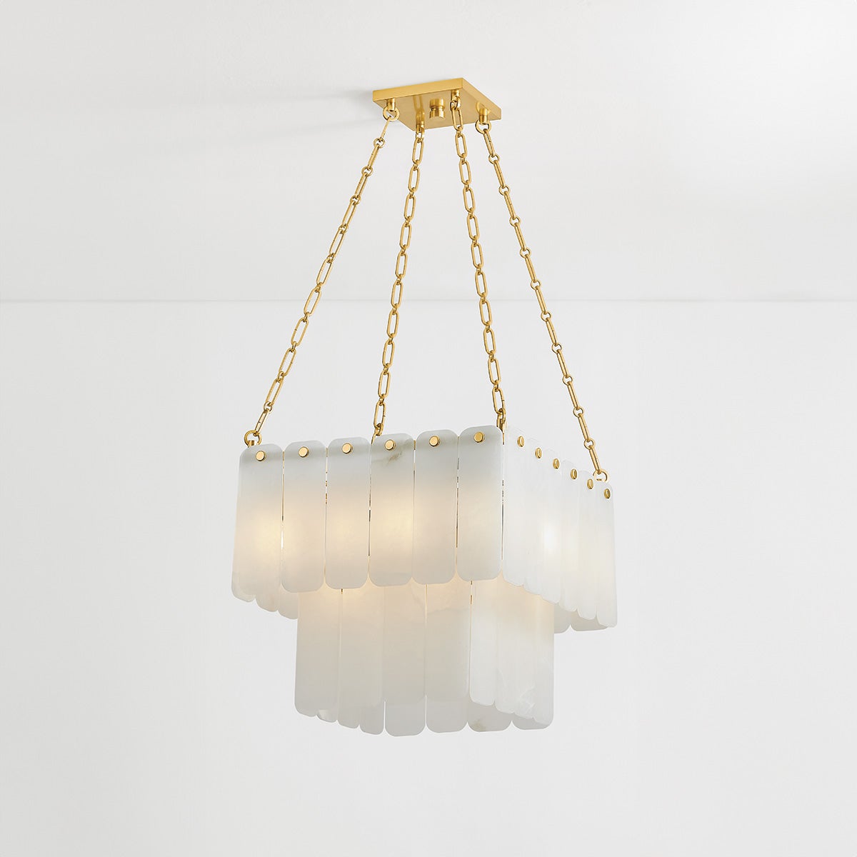 Moissanite Chandelier 20" in aged brass shown from the front to reveal the frame, arms, and shade detail.