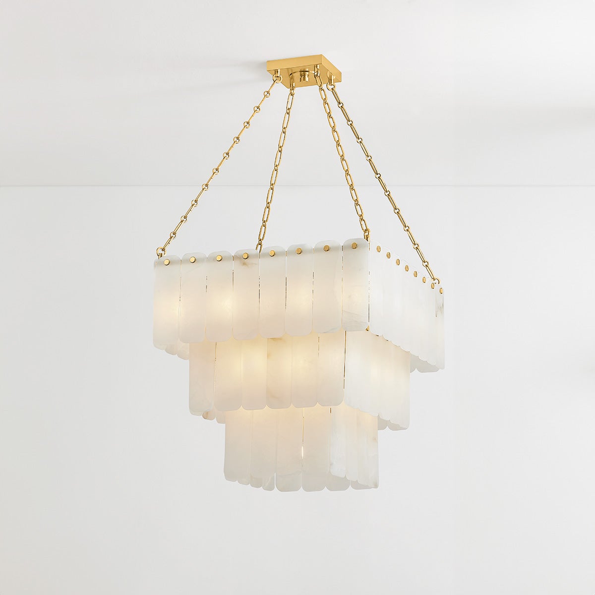 Moissanite Chandelier 26" in aged brass shown from the front to reveal the frame, arms, and shade detail.