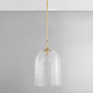 Belleville Pendant 14" in aged brass shown from the front to reveal the shade shape and metal detail.