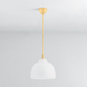 Oberon Pendant 14" in aged brass shown from a second angle to highlight the shade shape and metal detail.
