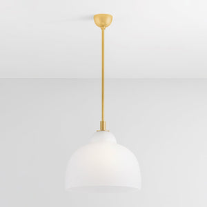 Oberon Pendant 18" in aged brass shown from the front to reveal the shade shape and metal detail.