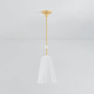 Cambria Heights Pendant in aged brass shown from a second angle to highlight the shade shape and metal detail.