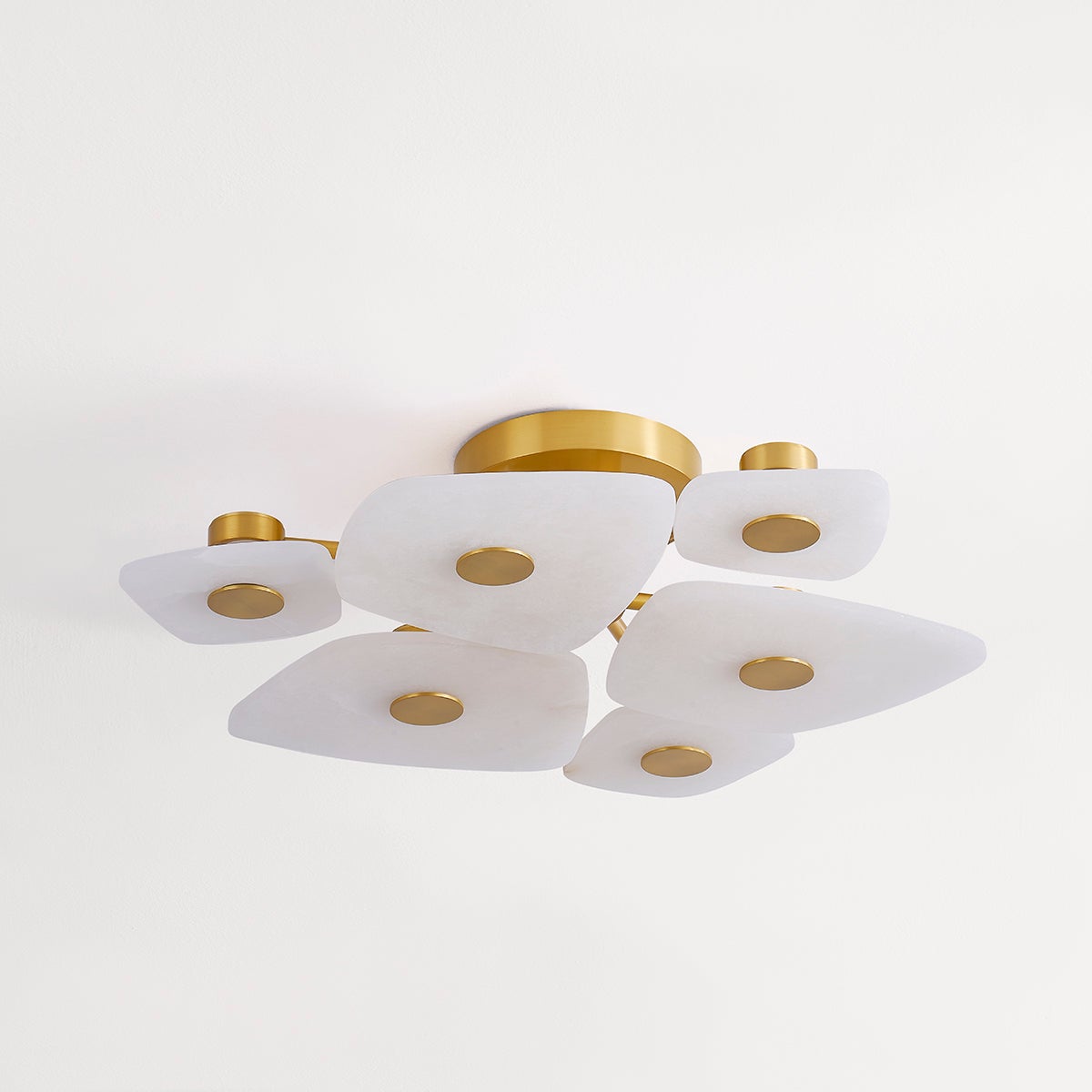 Holmdel Semi Flush 27.75" in aged brass shown from the front to reveal the shade profile and mounting canopy.