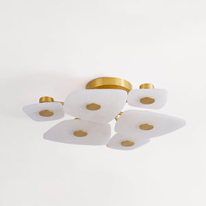 Holmdel Semi Flush 27.75" in aged brass shown from the front to reveal the shade profile and mounting canopy.