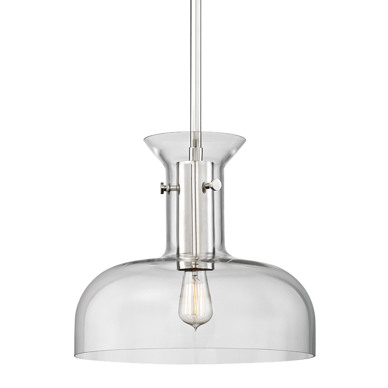 Coffey Pendant 16" in polished nickel shown from a second angle to highlight the shade shape and metal detail.