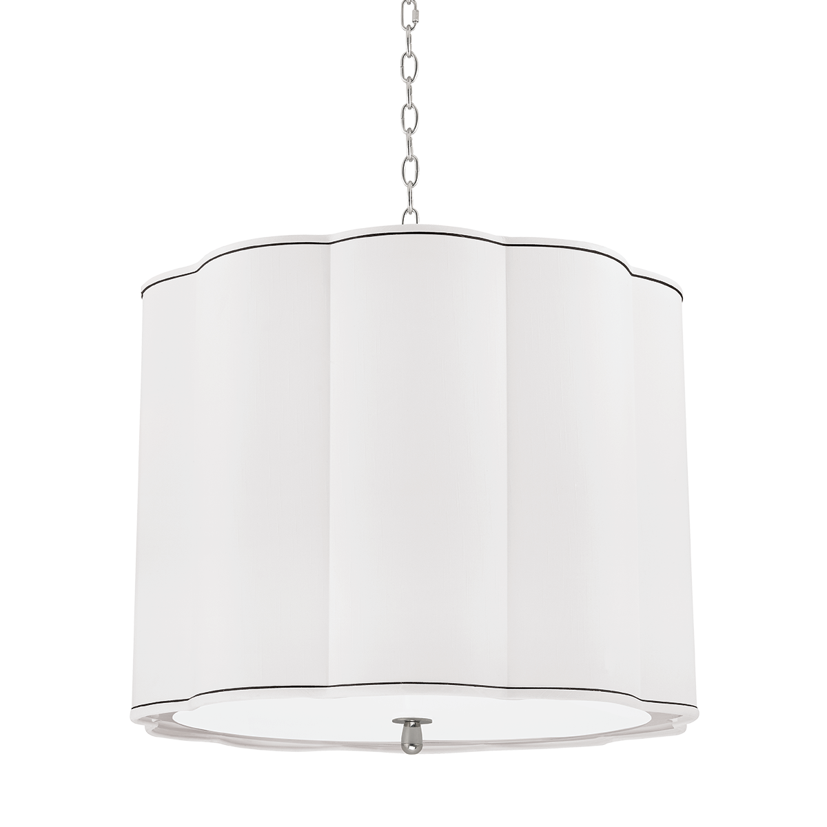 Sweeny Chandelier in polished nickel shown from a second angle to highlight the frame, arms, and shade detail.