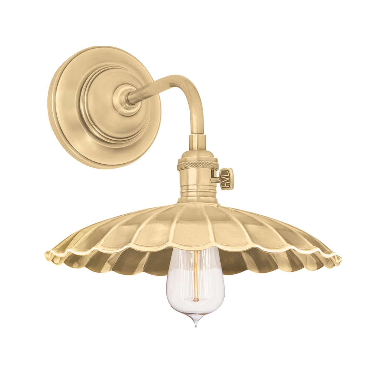 Heirloom Wall Sconce in Aged Brass shown from a second angle to highlight the arm curve and shade silhouette.