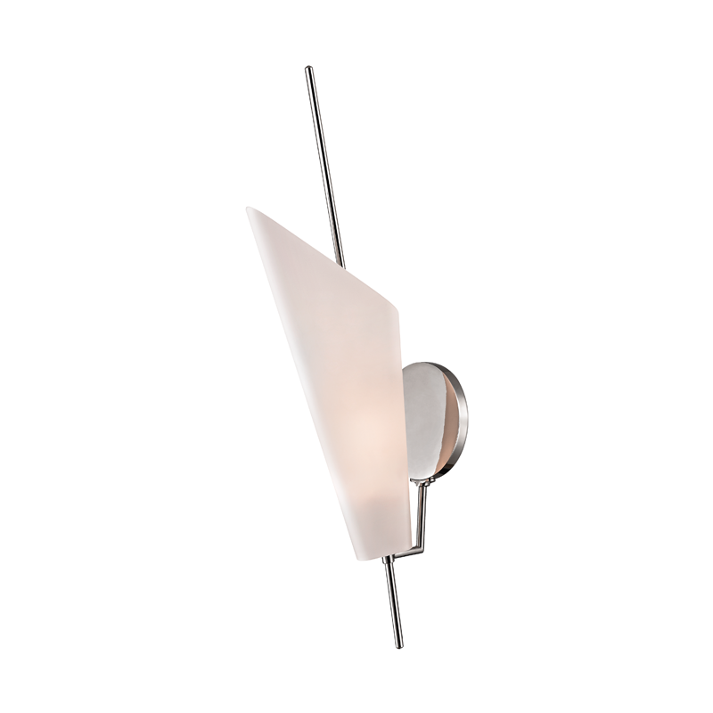 Cooper Wall Sconce in polished nickel shown from a second angle to highlight the arm curve and shade silhouette.