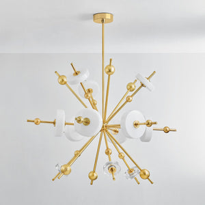 Maynard Chandelier 44.5" in aged brass shown from a second angle to highlight the frame, arms, and shade detail.