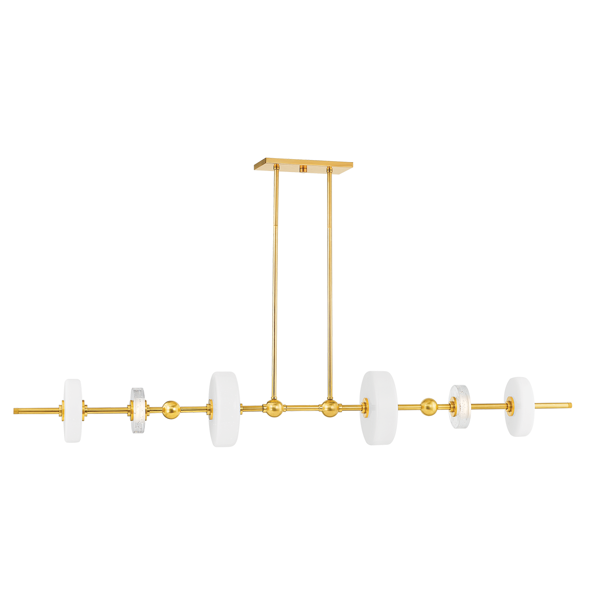 Maynard Linear in aged brass — a Hudson Valley linear for dining rooms, kitchen islands, and long consoles at Laurie Yapp Home.