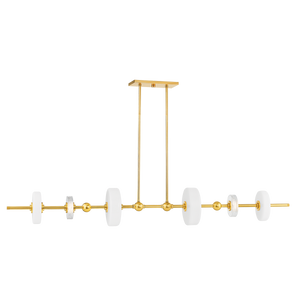 Maynard Linear in aged brass — a Hudson Valley linear for dining rooms, kitchen islands, and long consoles at Laurie Yapp Home.