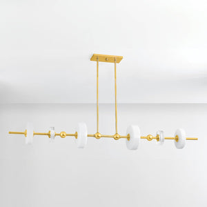 Maynard Linear in aged brass shown from a second angle to highlight the extended frame and shade array.