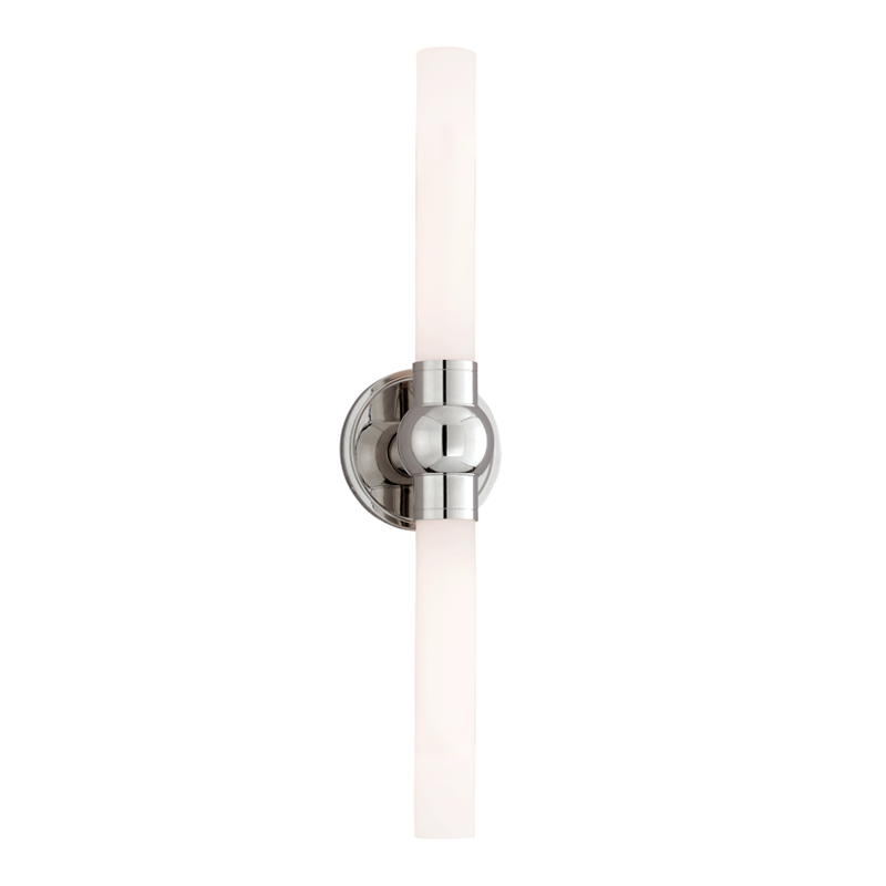 Cornwall Bath And Vanity in polished nickel shown from the front to reveal the arm spread and shade silhouette.