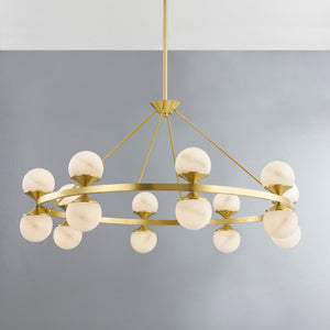 Grafton Chandelier 46" in aged brass shown from the front to reveal the frame, arms, and shade detail.