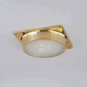 Greenwich Flush Mount in aged brass shown from a second angle to highlight the shade profile and mounting canopy.