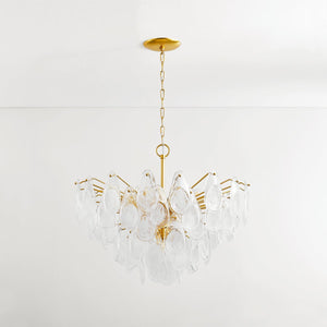 Darcia Chandelier 35.75" in aged brass shown from the front to reveal the frame, arms, and shade detail.