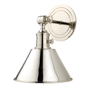 Close-up of the Garden City Wall Sconce 8" x 11" in polished nickel showing the arm curve and shade silhouette.