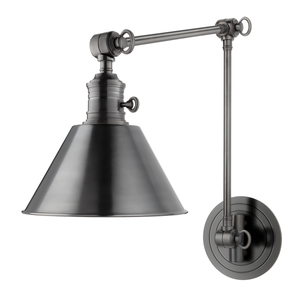 Close-up of the Garden City Wall Sconce 8" x 23" in bronze showing the arm curve and shade silhouette.