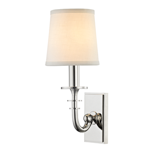 Carroll Wall Sconce in polished nickel shown from the front to reveal the arm curve and shade silhouette.