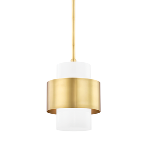 Close-up of the Corinth Pendant 11" in aged brass showing the shade shape and metal detail.