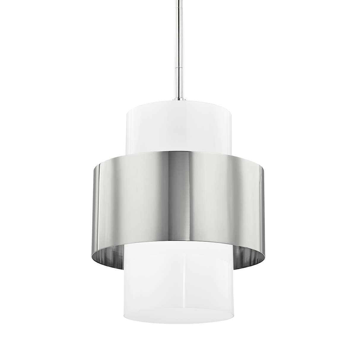 Corinth Pendant 15.5" in polished nickel shown from the front to reveal the shade shape and metal detail.