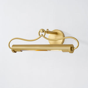 Close-up of the Berun Picture Light 20.5" in aged brass showing the arm curve and shade proportion.