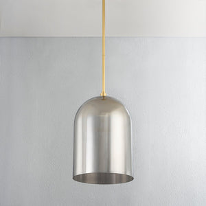 Dorval Pendant 13" in aged brass shown from a second angle to highlight the shade shape and metal detail.