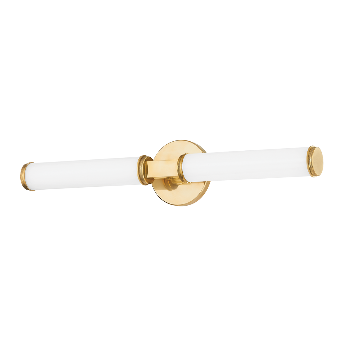 Cromwell Wall Sconce 4.75" x 22.75" in aged brass shown from the front to reveal the arm curve and shade silhouette.