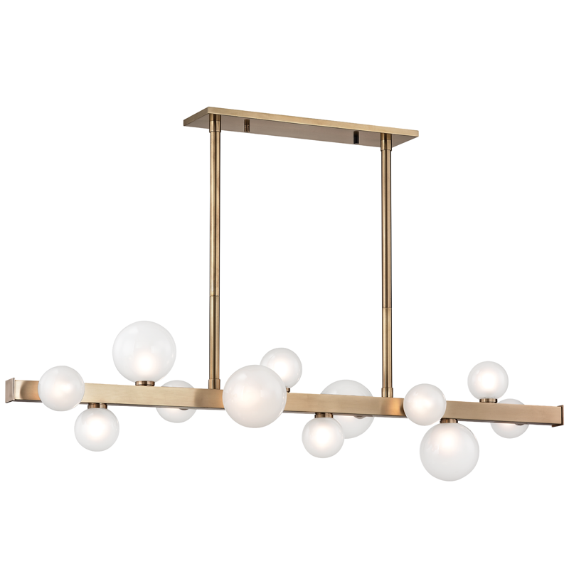 Mini Hinsdale Linear in aged brass — a Hudson Valley linear for dining rooms, kitchen islands, and long consoles at Laurie Yapp Home.