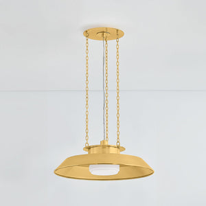 Woodrow Pendant 22" in aged brass shown from the front to reveal the shade shape and metal detail.