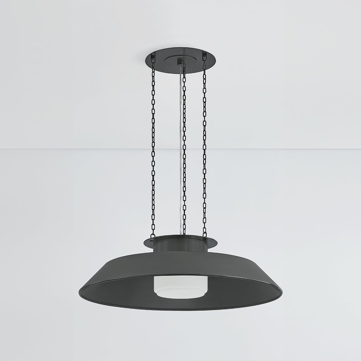 Close-up of the Woodrow Pendant 32" in dark bronze showing the shade shape and metal detail.