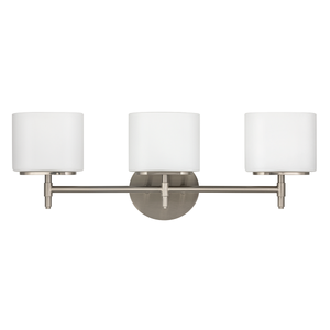 Trinity Bath And Vanity 22.25" in satin nickel shown from a second angle to highlight the arm spread and shade silhouette.