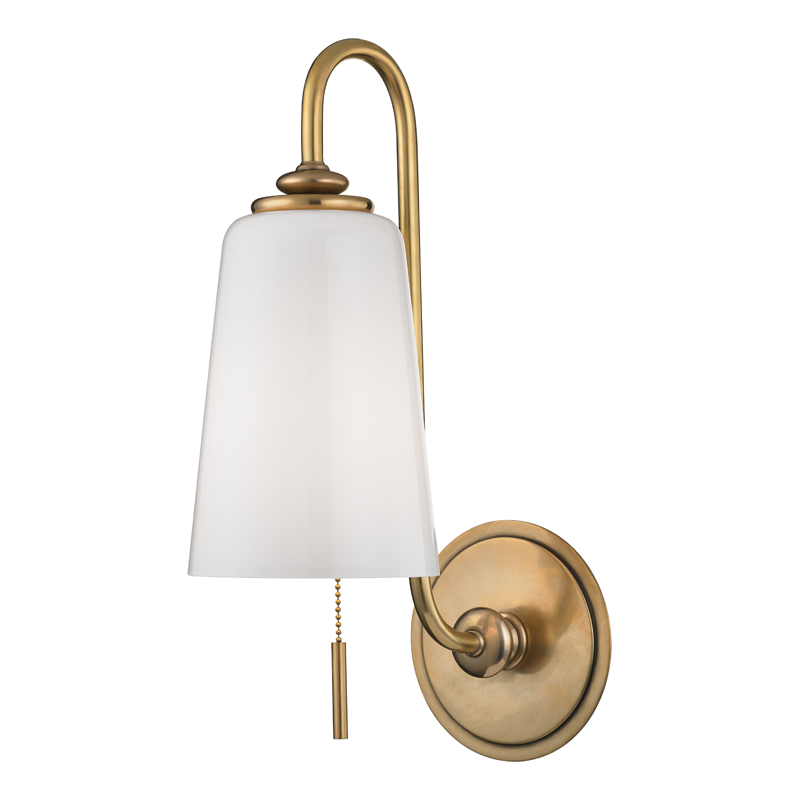 Glover Wall Sconce in aged brass — a Hudson Valley wall sconce for bathrooms, hallways, and living rooms at Laurie Yapp Home.