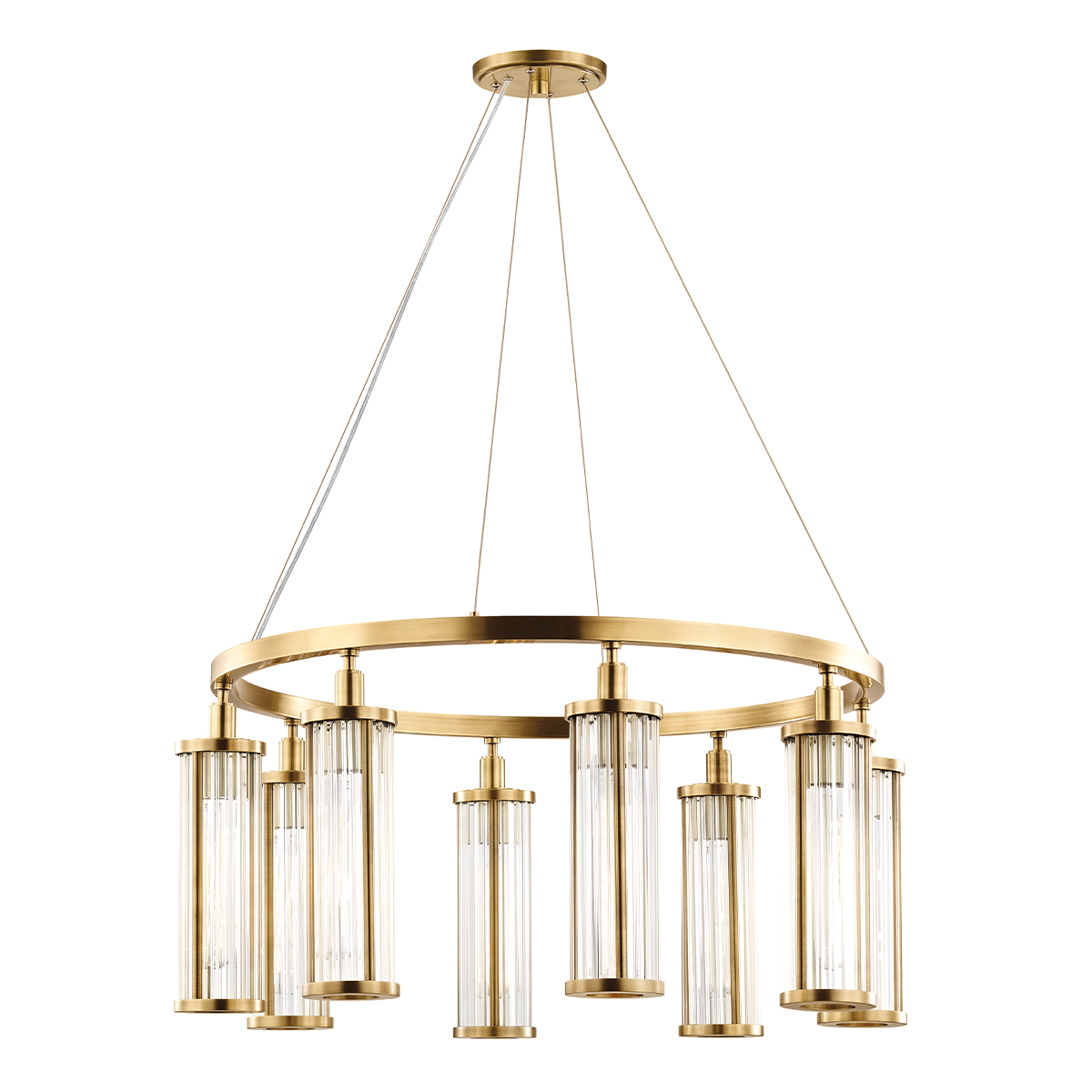 Marley Chandelier 31.25" in aged brass shown from the front to reveal the frame, arms, and shade detail.
