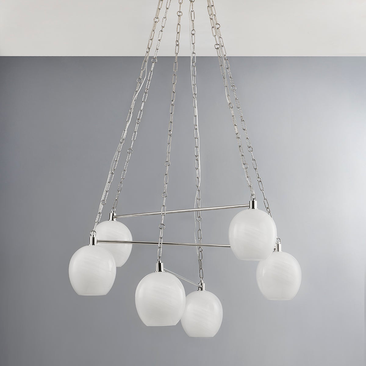 Close-up of the Asbury Park Chandelier 38" in polished nickel showing the frame, arms, and shade detail.
