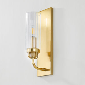 Halifax Wall Sconce in aged brass shown from a second angle to highlight the arm curve and shade silhouette.