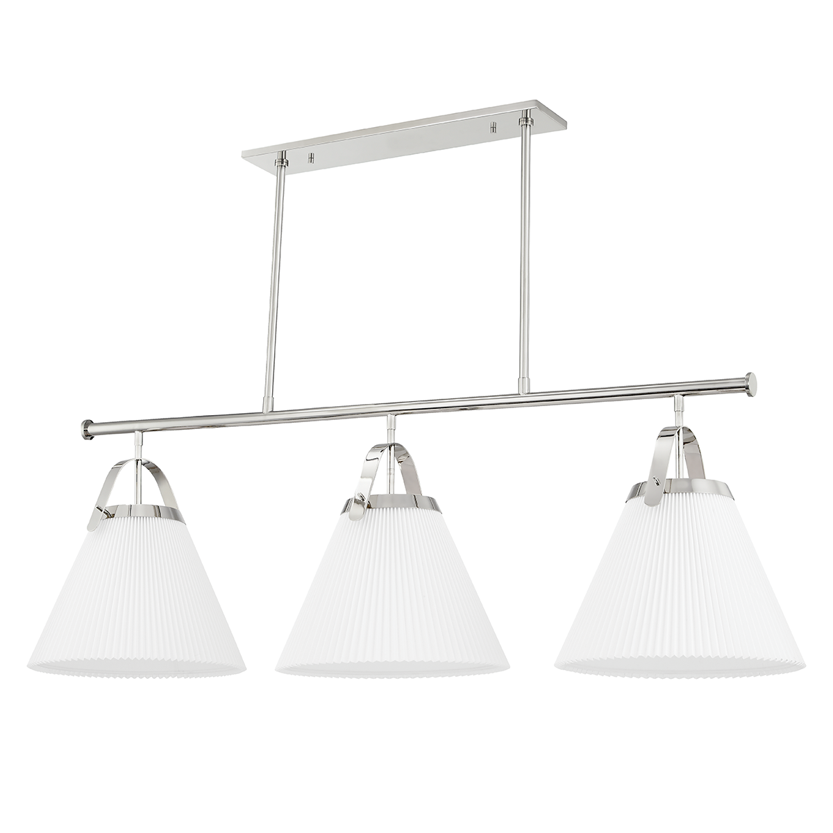Aldridge Linear in polished nickel shown from a second angle to highlight the extended frame and shade array.