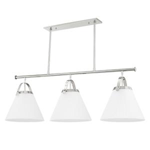 Aldridge Linear in polished nickel shown from a second angle to highlight the extended frame and shade array.